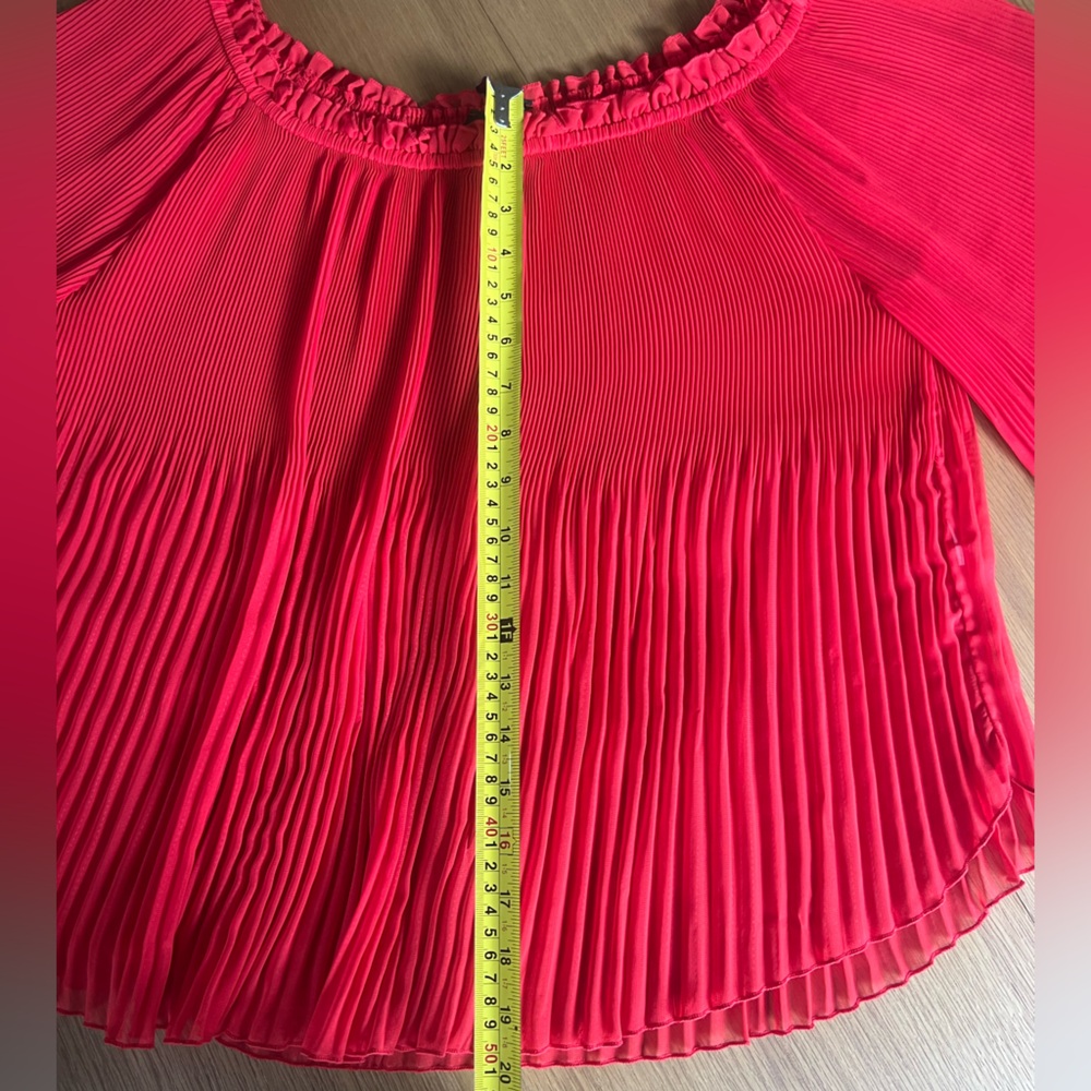 Zara Red Top Sheer Flowy Blouse Flirty Long Sleeve Pleated Off the Shoulder - Picture 6 of 6